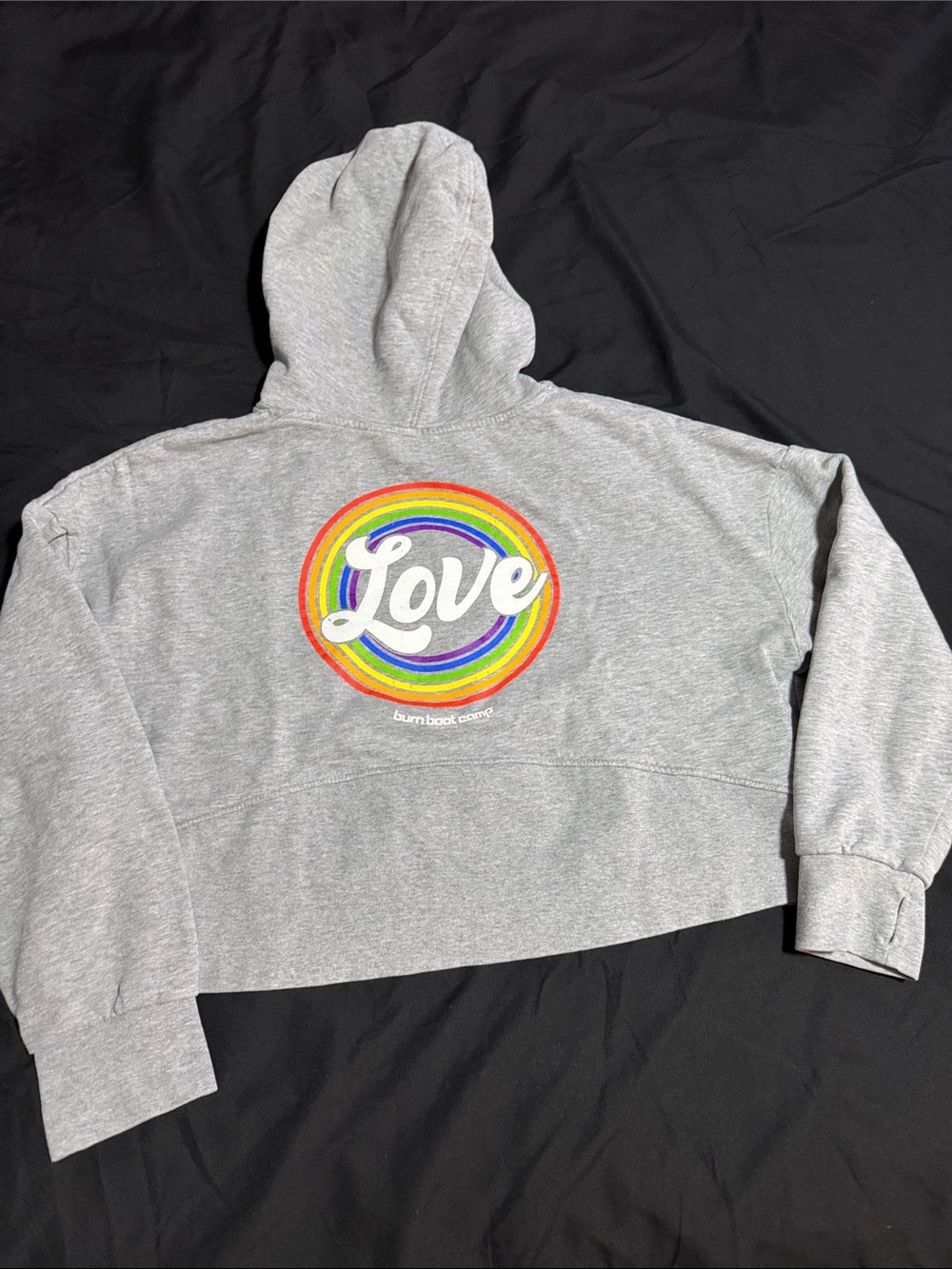 Burn Boot Camp Gray Cropped Hoodie with Rainbow "Love" Graphic